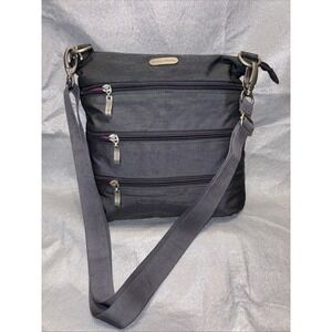 Baggallini Quad 4 Zipper Crossbody‎ Bag Gunmetal Gray W/ Fuchsia Lining 12'x10"